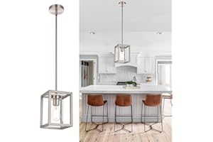 Wanluce 1 Light Pendant Lighting for Kitchen Island Brushed Nickel Square Cage Pendant Light Fixtures Ceiling Hanging with Clear Glass Shade, Single Lantern Chandelier for Dining Room Entryway Hallway