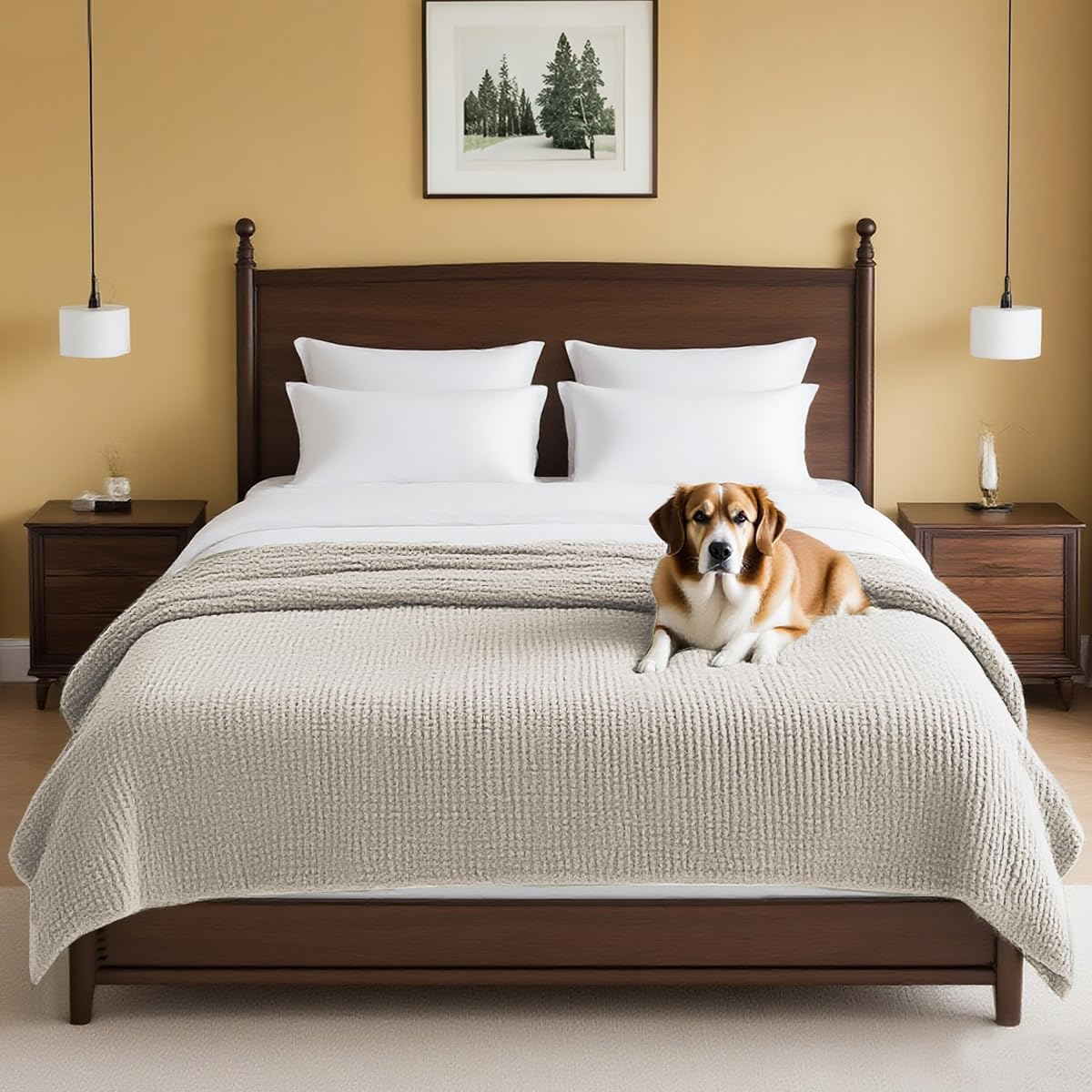 Photo 1 of H.VERSAILTEX Plush Chenille Couch Cover for Dogs Pets Blanket for Bed Anti-Slip Soft and Durable Furniture Protector for Small Medium Large Cats Washable (52" x 82", Oatmeal)