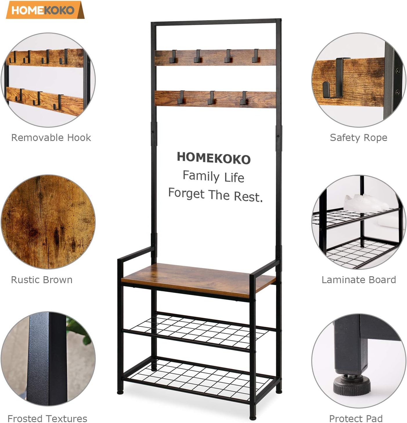 HOMEKOKO Coat Rack Shoe Bench, Hall Tree Entryway Storage Bench, Wood Look Accent Furniture with Metal Frame, 3-in-1 Design (Rustic Brown): Home & Kitchen