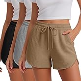 Neer 3 Pack Women's Waffle Knit shorts, Drawstring Casual Pajama Lounge Summer Yoga Sweat Shorts with Pockets
