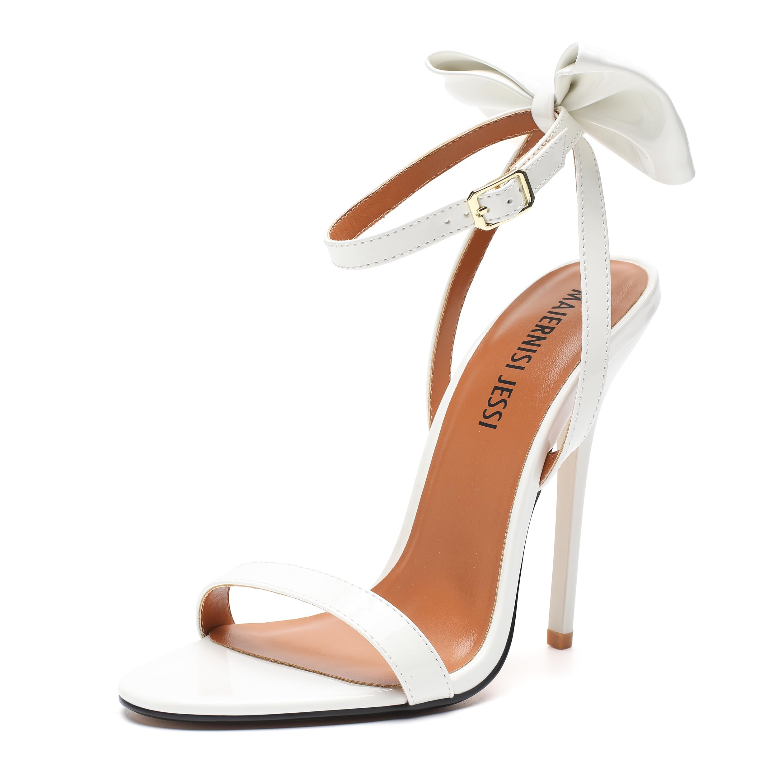 Photo 1 of MAIERNISI JESSI Unisex Men's Women's Bow Strappy Sandals Heels, Stilletos High Heeled Ankle Strap Slingback Sandals White EU45 - size 13 Women/11.5 Men