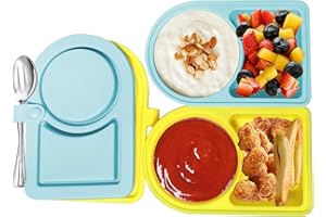 LEQBO 2 Pack Small Silicone Snack Containers with Lids, Reusable Food Storage Containers, Salad Dressing Container, Mini Double Compartment Snackle Box Container for Office, Picnic, School (Blue+Yellow)