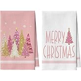 Artoid Mode Pink Star Xmas Tree Merry Christmas Bar Kitchen Towels, 12x24 Inch Quick Dry Microfiber Cloth Dish Towels for Kitchen Drying Set of 2