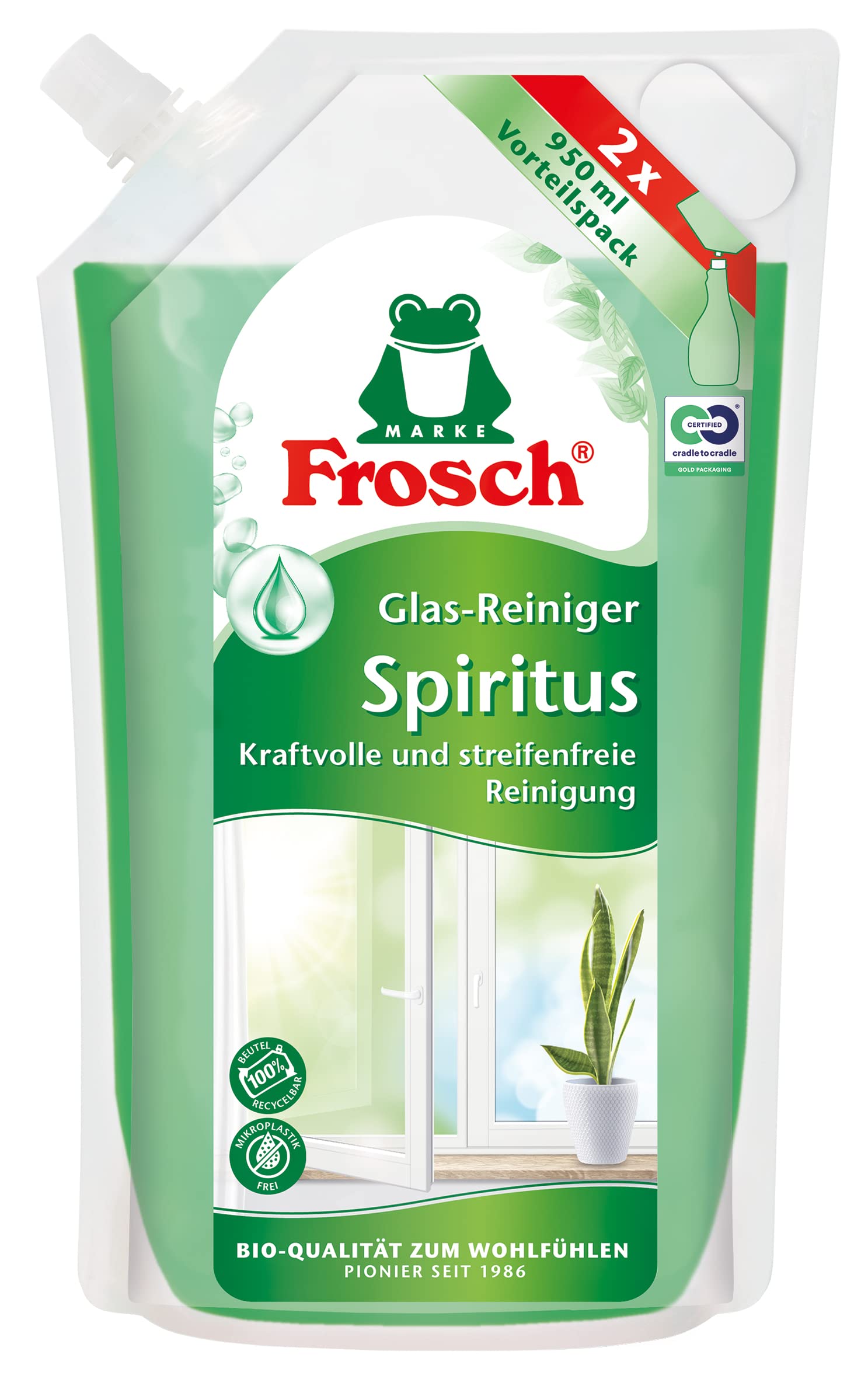 Frosch Spiritus Glas Reiniger, Glasreiniger - perfekter, streifenfreien Glanz - für Haushalt, Flächen und Autoscheiben, Nachfüllbeutel, 1er Pack (1 x 950 ml)