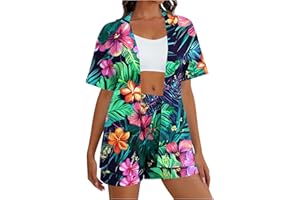 2 Piece Hawaiian Beach Shorts Set for Women, Tropical Print Short Sleeve Cardigan Tops and Vacation Shorts