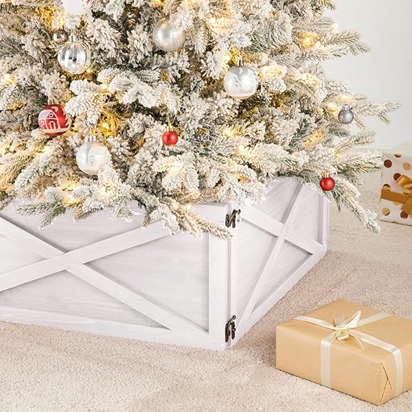 GLITZHOME CHRISTMAS TREE COLLAR, CHRISTMAS TREE BASE COVER, 22″ L WASHED WHITE WOODEN TREE COLLARS FOR ARTIFICIAL TREES DECORATIVE TREE STAND COVER CHRISTMAS TREE SKIRT COLLAR