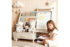 Faesun 4-in-1 Art Easel for Toddlers with Bookshelf and Toy Organizer, Kids Drawing Easel with Paper Roll & Magnetic Whiteboard, Birthday Gift for Ages 2–8, Boys & Girls