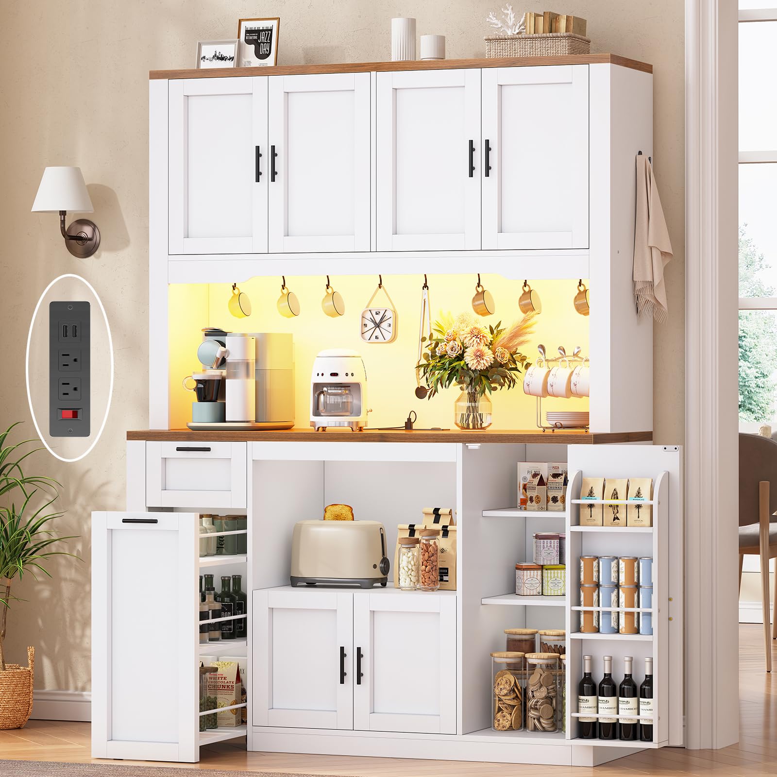 Itaar 71" Pantry Cabinet with Charging Station and LED Light, Kitchen Pantry Cabinet with Microwave Stand, 47.2" Wide Kitchen Storage Cabinets with Storage Cart 3 Tier for Dining Room, White