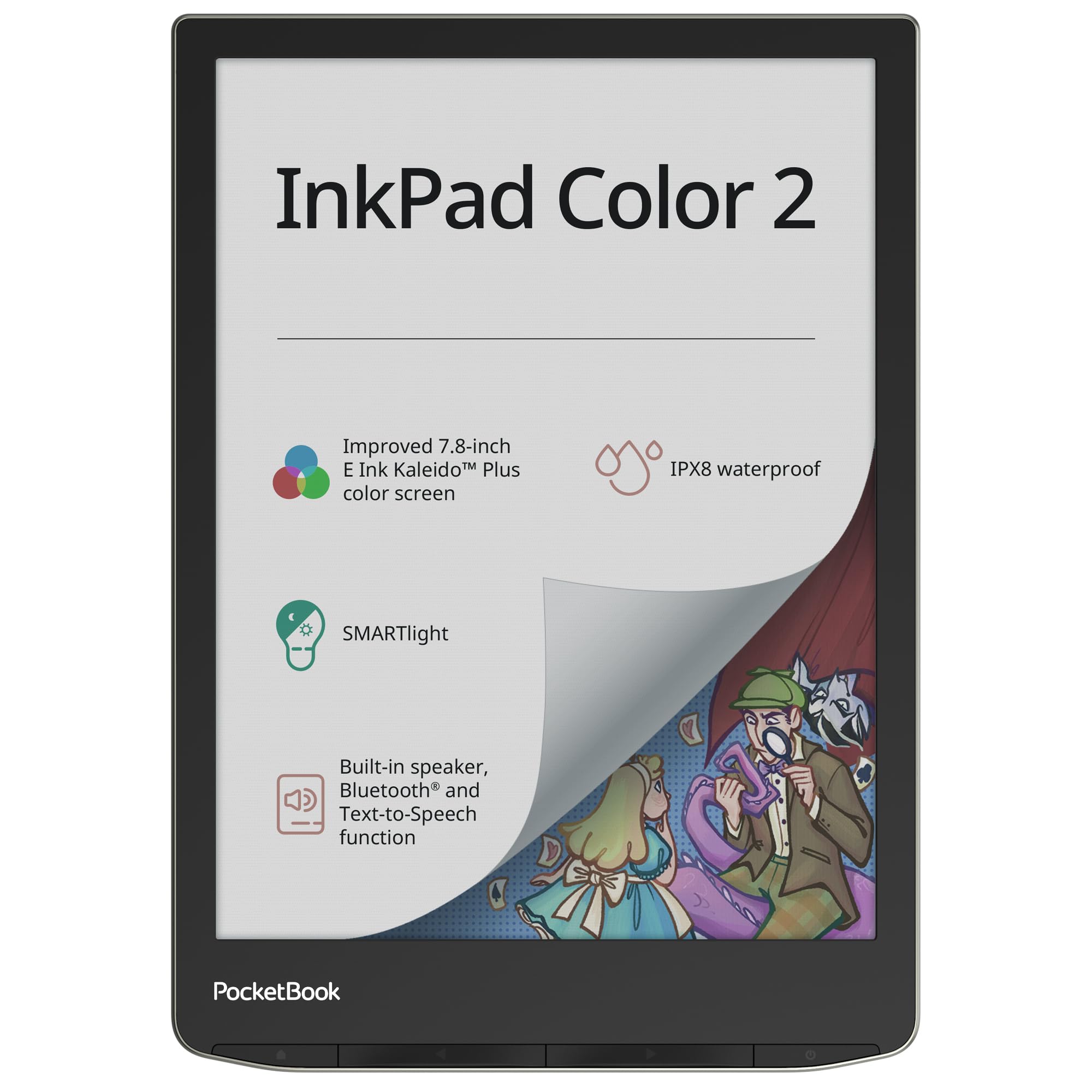 PocketBook InkPad Color 2 E-Book Reader | Enhanced 7.8'' E-Paper E-Ink Screen Eye-Friendly E-Reader for Comics SMARTlight Audiobooks & Text-to-Speech Bluetooth Built-in Speaker, Moon Silver