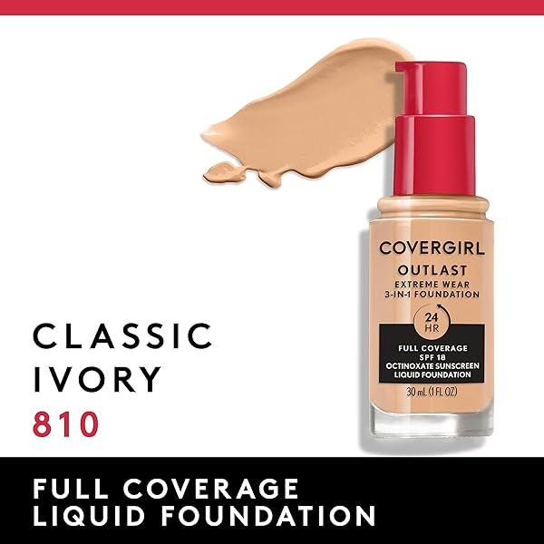 COVERGIRL OUTLAST EXTREME WEAR 3-IN-1 FULL COVERAGE LIQUID FOUNDATION, SPF 18 SUNSCREEN, CLASSIC IVORY, 1 FL. OZ.