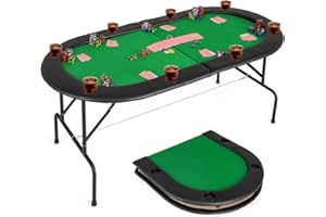 Goplus 72’’ Poker Table Foldable, 8 Players Card Board Game Table w/ 8 Cup Holders, Casino Grade Felt, Folding Oval Blackjack Table for Texas Holdem, No Assembly Required (Partition Pattern, Green)