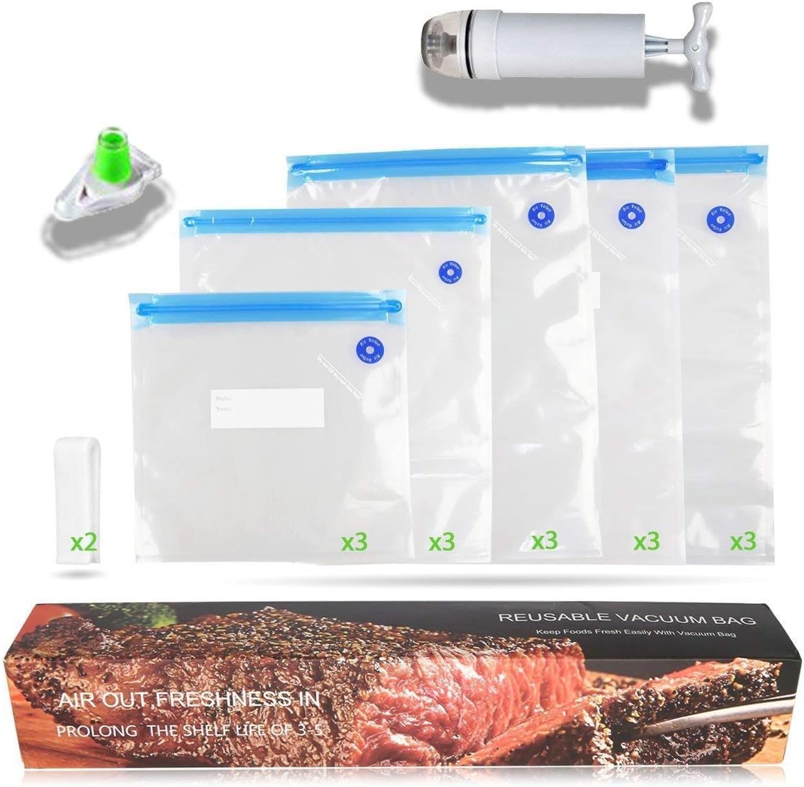 Mo Food/Vacuum Food Big Set, Storage Bag Space Saver Set Boil-Proof – Microwave – Sous Vide BPA Free Bag, 2 Clips, 1 Wine Bottle Stopper