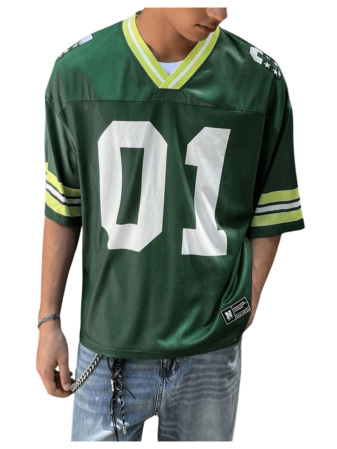 Photo 1 of **CROPPED**OYOANGLE Men's Number Graphic Print Jersey Shirts Color Block V Neck Short Sleeve Oversized Tee Shirt Green Large