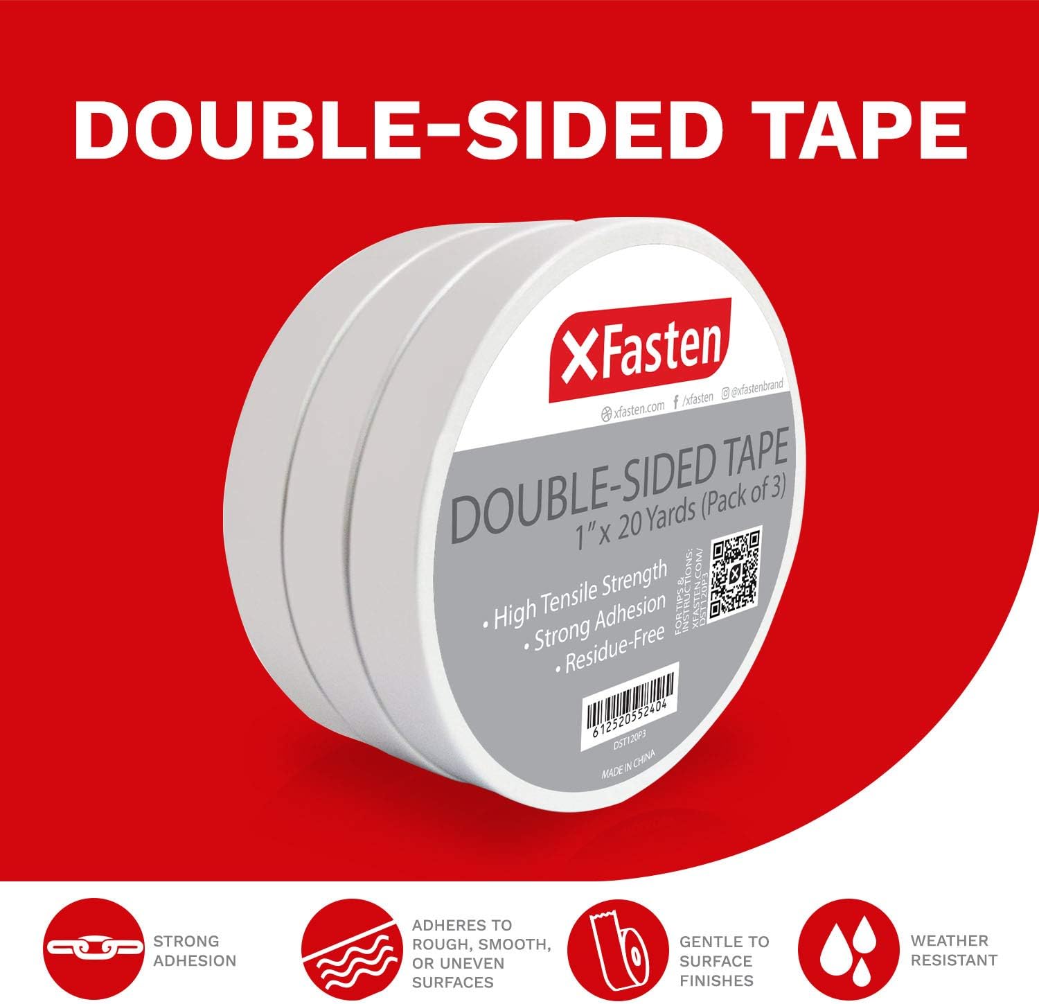 XFasten Double Sided Tape, Removable, 1-Inch by 20-Yard (Pack of 3) Ideal as a Gift Wrap Tape, Holding Carpets, and Woodworking : Office Products