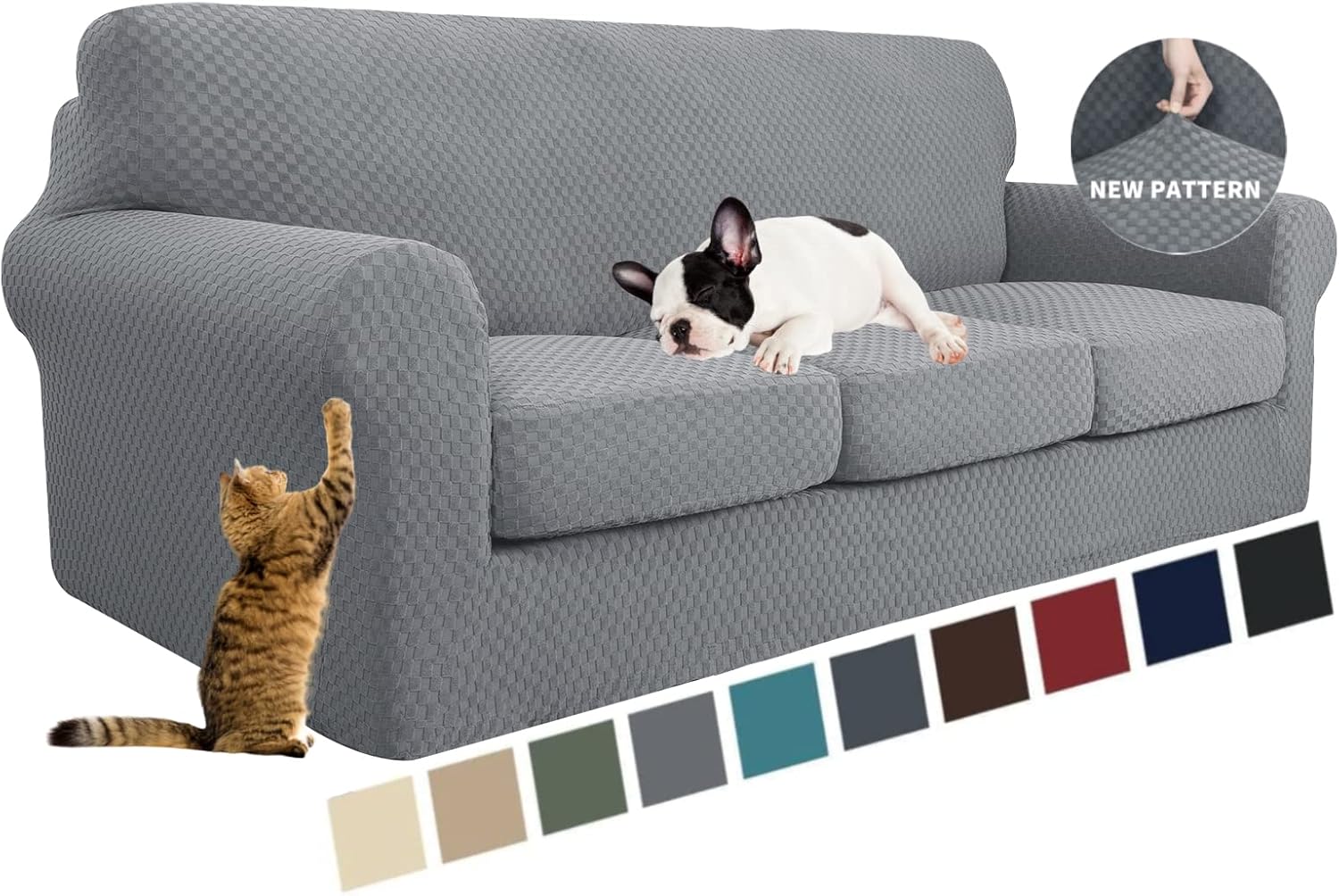 Slipcovers - YEMYHOM Latest Checkered 4 Pieces Couch Covers for 3 Cushion Couch High Stretch Thickened Sofa Cover for Dogs Pets Elastic Slipcovers Living Room Furniture Protector (Light Gray), 71