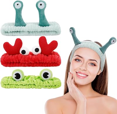 FRIUSATE 3Pcs Face Wash Headband Snail Frog Crab Elastic Cute Spa Accessories