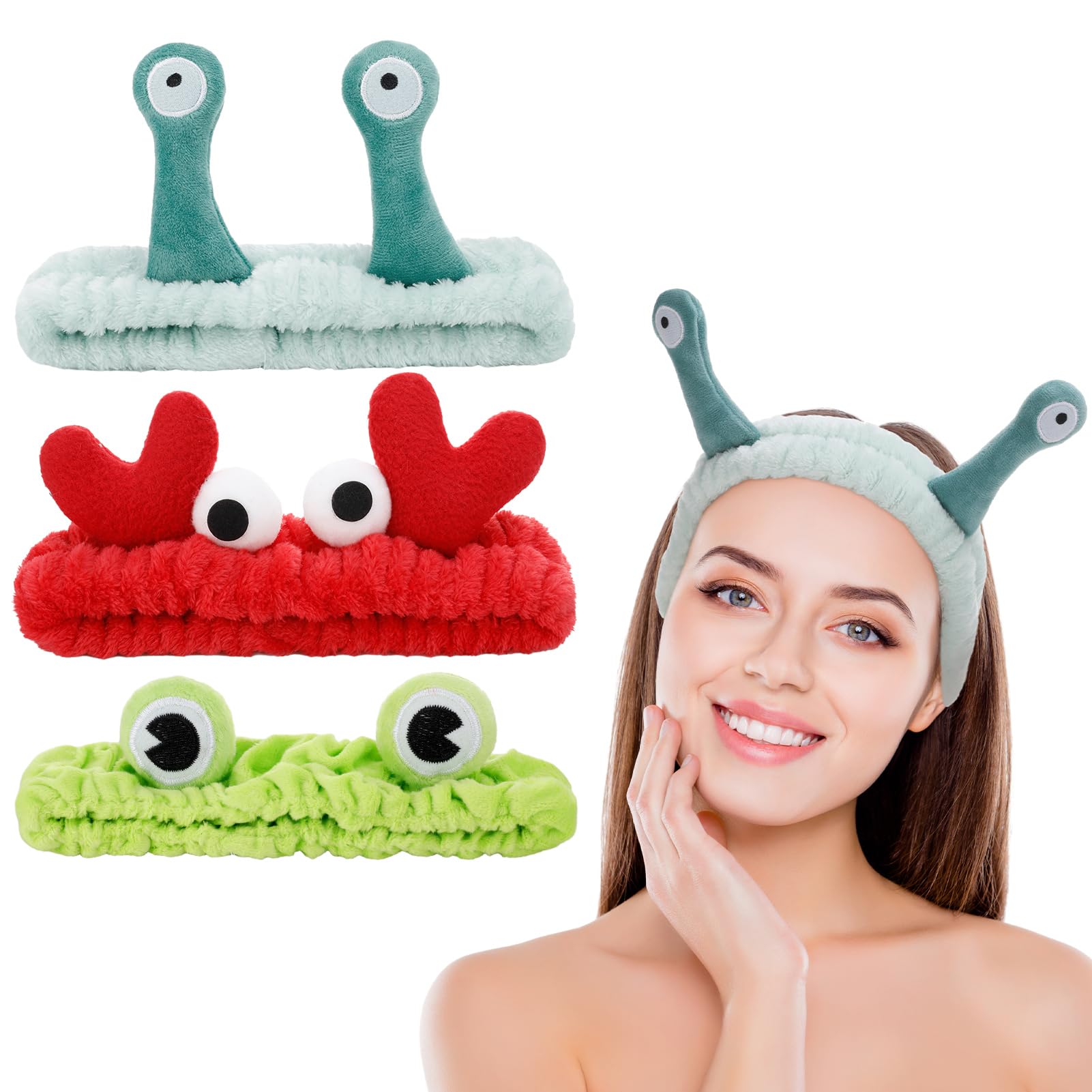 FRIUSATE 3PCS Face Wash Headband, Snail Frog Crab Hair Bands, Soft Cute Cartoon Elastic Hair Band Accessories for Washing Face Shower Sports Beauty Skincare