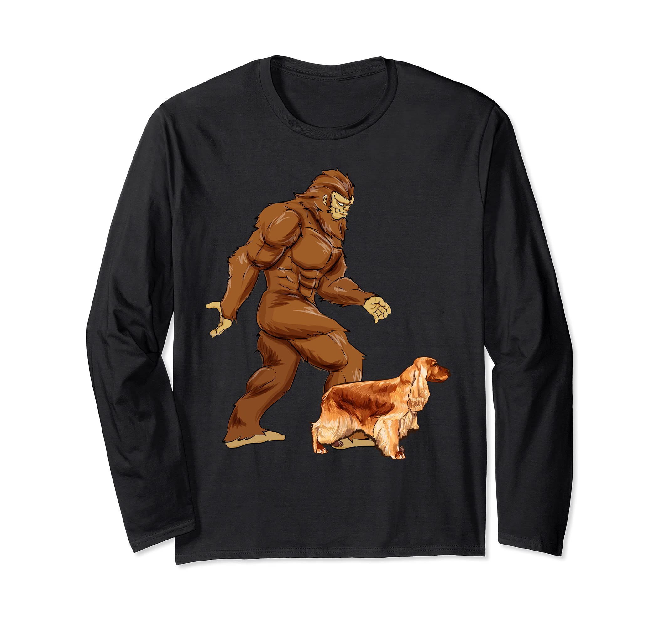 Funny Bigfoot Walking English Cocker Spaniel Sasquatch Dog Long Sleeve T-Shirt