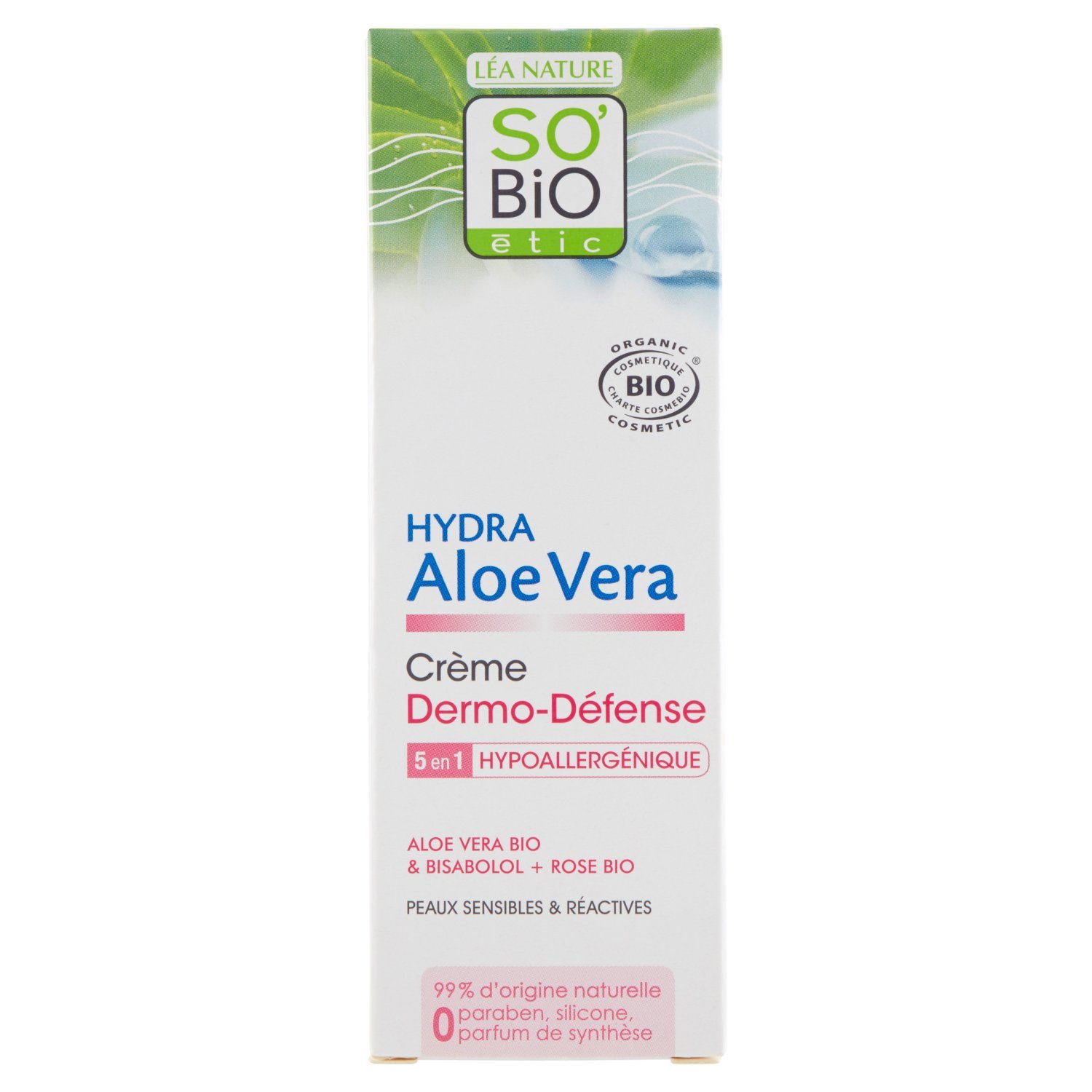 SO'BiO étic Cosmebio Hydra Aloe Vera 5-in-1 Dermo Hypoallergenic Sensitive and Reactive Skin Defence Cream, 50 ml