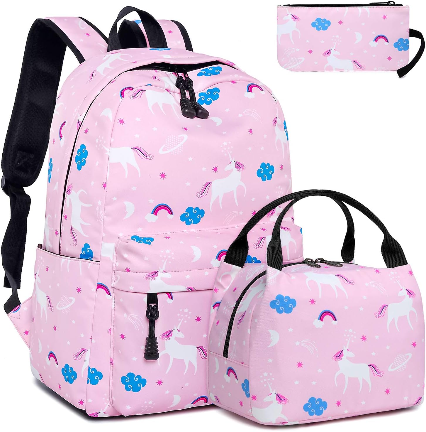 Teen Girls Boys Unicorn Laptop Backpack School Bags BookBag with Insulated Lunch Bag Kids and Pencil Case Set for Primary/Middle/Junior High Student and college,Casual Travel Daypack Rucksack (Pink)