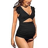 Charmo Ruffle Ribbed Maternity Swimsuit One Piece High Waisted Pregnancy Bathing Suits Push Up Swimwear