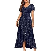 Navy Blue Dress Mother of Bride Formal Cocktail Evening Party Sequin Glitter High Low Flutter Sleeve Elegant Long Dress