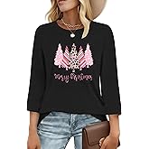 RECUTEWU Christmas Shirts for Women: Merry Christmas Print Tshirt Xmas Tree Holiday 3/4 Sleeve Tee Tops