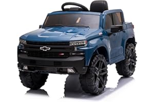 Kidzone 12V Battery Powered Licensed Chevrolet Silverado Trail Boss LT Kids Ride On Truck Car Electric Vehicle Jeep with Remote Control, MP3, LED Lights - Blue