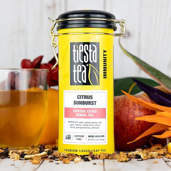 TIESTA TEA – CITRUS SUNBURST, LOOSE LEAF, TROPICAL CITRUS HERBAL TEA, PREMIUM NON-CAFFEINATED FRUIT BLEND, MAKE HOT OR ICED, BREWS UP TO 50 CUPS, 5.5 OUNCE REFILLABLE TIN
