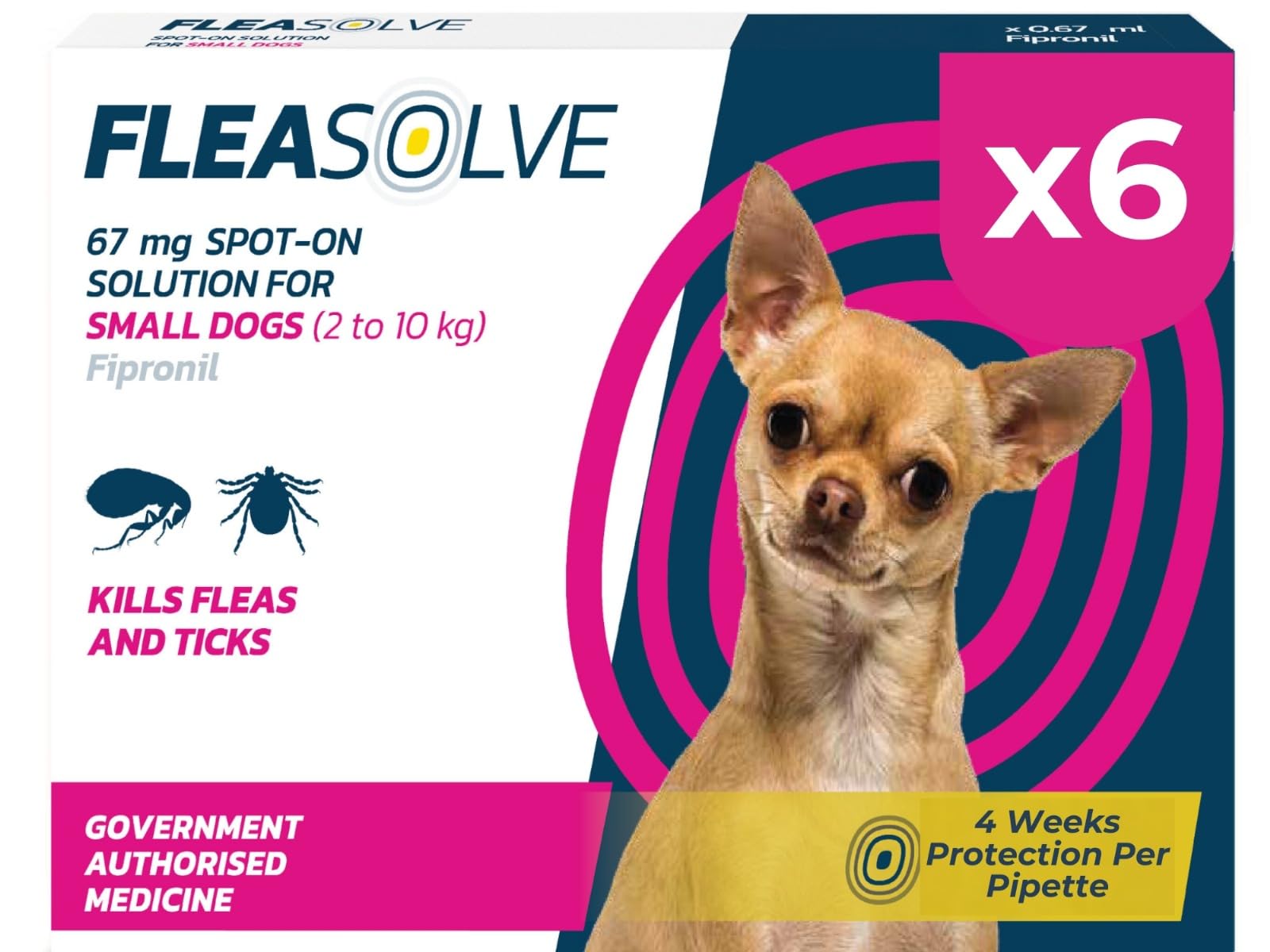 Dog Flea Treatment Small Dog x 6 - Spot on Flea Treatment for Dogs Small 2-10kg - FleaSolve Flea & Tick Solution - 6 x Pipettes - 6 x Doses