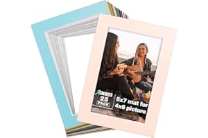 AUEAR, 25 Pack Mix Color Pre-Cut 5x7 Picture Mats for 4x6 Photos/Prints - White Core Bevel Cut Acid Free Frame Mattes
