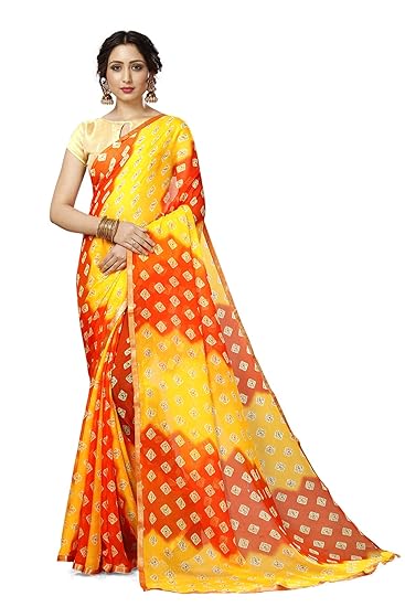 Divaastha Yellow:Red Georgette Chiffon Blend Checkered Saree with Blouse Piece (CCSANJALIBOXYELLOWRED)
