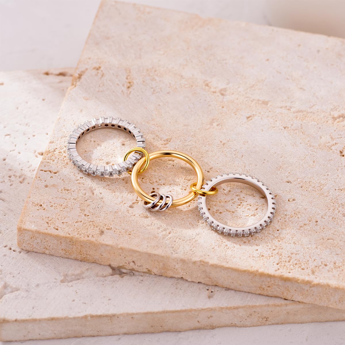 WanBigVa Gold Stackable Rings for Women Non Tarnish,Trendy Chunky Silver Gold Multi-Link Connected Stack Rings with Cubic Zirconia 14K Gold Plated Statement Rings Stackable Rings Set for Women