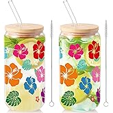 Sliner 2 Pcs Summer Hawaiian Flower Glass Cups Drinking Glasses 16 oz Iced Coffee Cup with Lid Straw Cleaning Brush Cute Beer Can Tumbler Holiday Gifts for Spring Summer Home Office Decorations