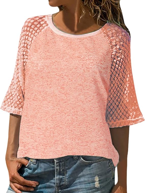 LongayS 3/4 Sleeve Shirts for Women Round Neck Solid Color Loose Pullover Comfy Soft Blouses 
