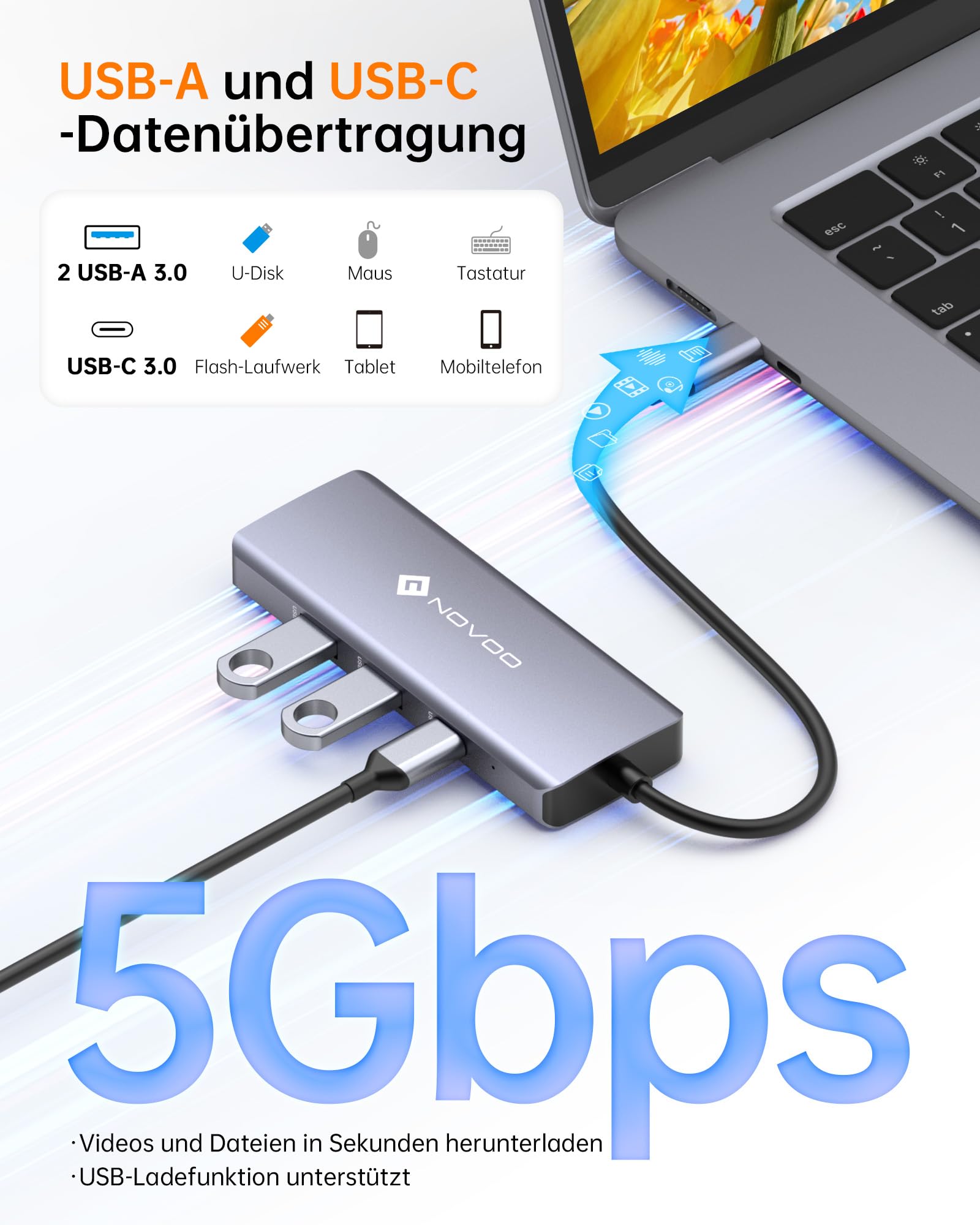 NOVOO USB C Hub 4K @ 60Hz HDMI 8-in-1 Adapter Gigabit Ethernet Docking Station with 100W PD, SD/TF Card Reader, 2 USB-A 3.0+1 USB-C Data Ports for MacBook Pro, MacBook Air, HP and More Type C Devices