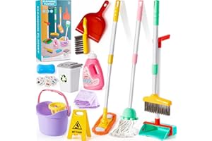 CLEBOEN 14PCS Toddler Kids Cleaning Toy Set, Kids Adjustable Mop Broom & Dustpan Set, House Cleaning Tool Toys for Toddlers 1-3, Montessori Learning Pretend Play Gifts for Girls Boy 1-3-5 Year Old Clean Toy