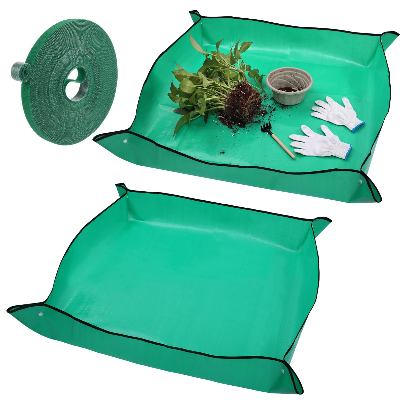 Hejo 2PCS Plant Repotting Mat, Waterproof PE Gardening Pot Pad Come with 1 Green Plant Ties 10m x 10mm, Gardening Transplanting Work Accessory for Indoor Outdoor Garden