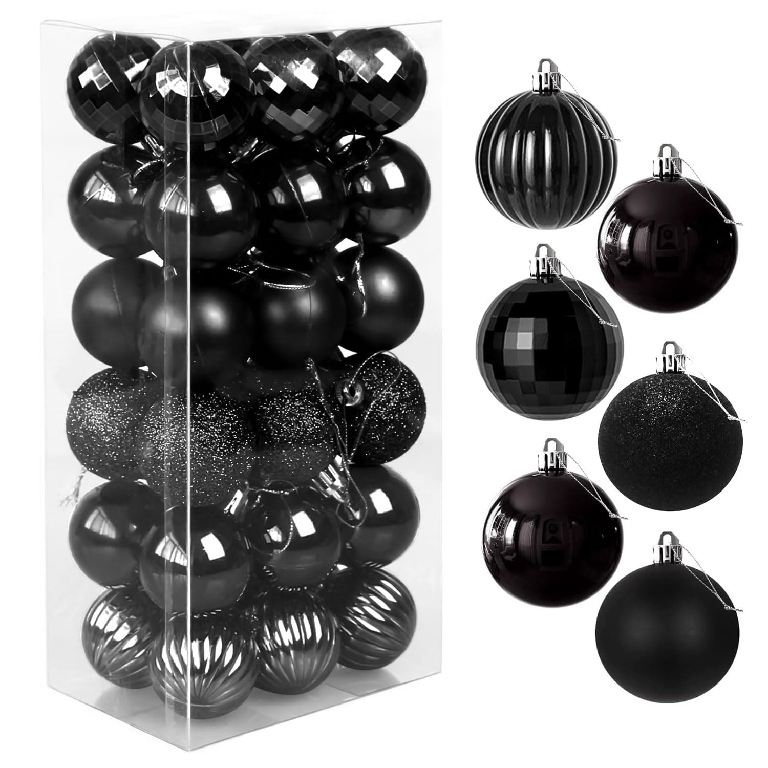 Favuit Christmas Baubles, Christmas Tree Decorations Ornament Balls Shatterproof Xmas Tree Plastic Hanging Ball 4cm 36pcs Baubles Glitter Pendant Bulk Set for Holiday Wedding Party Decor(black)
