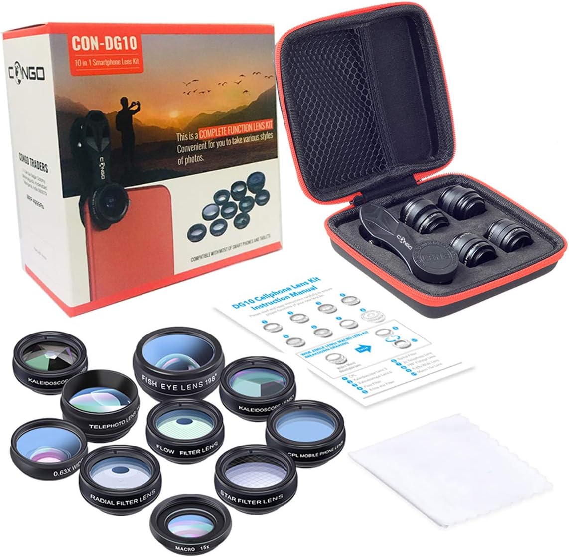 Congo 10 in 1 Cell Phone Camera Lens Kit Wide Angle Lens & Macro Lens+Fisheye Lens+Telephoto Lens+CPL/Flow/Radial/Star…