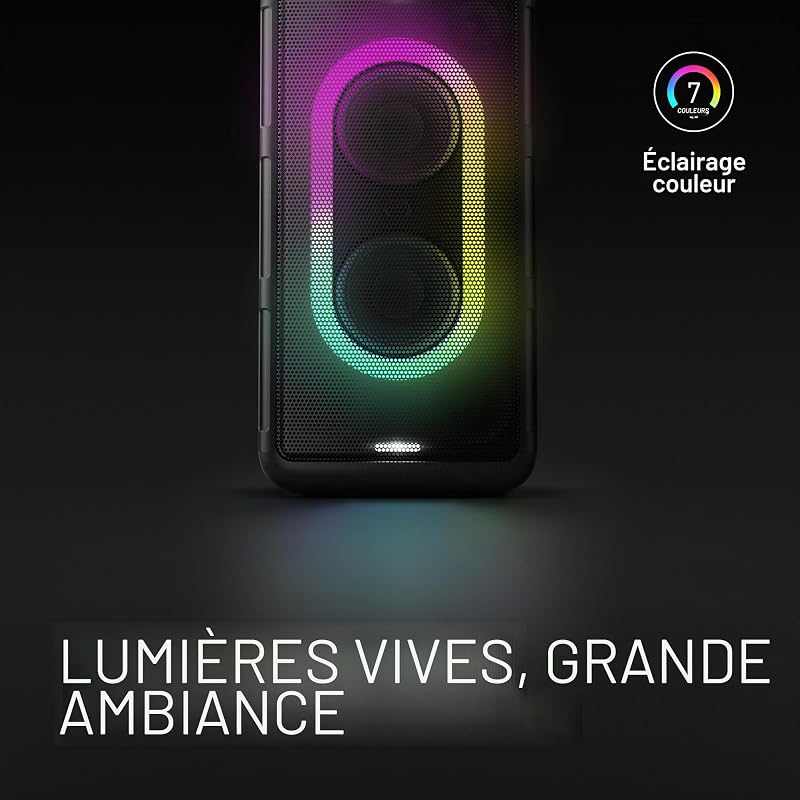 SC-BMAX10E-K Enceinte de Fête Portable avec Bluetooth, Lumières Intégrées, 150W, USB, Entrée Optique pour TV, Entrées Guitare et Micro pour Karaoké, Noir