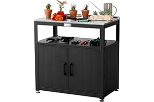 Feasto Garden Potting Bench with Storage Cabinet, Outdoor Gardening Table & Work Bench for Plants, Horticulture, Outdoor Workstation with Stainless Steel Tabletop, Outdoor Work Table