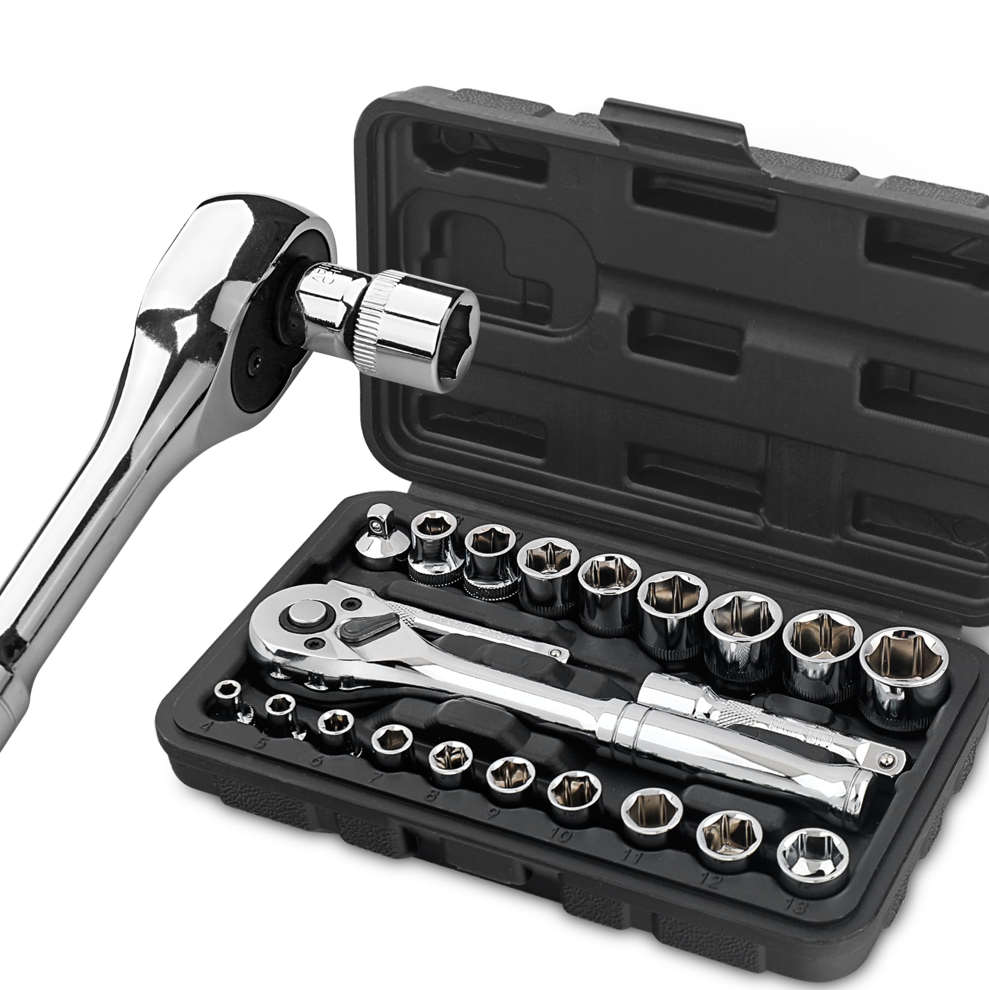Hi-Spec 22-Piece Metric Socket Set 1/4” & 3/8” Drive with Reversible Ratchet, Extension Bar, Adaptor & Ratcheting Wrench in Compact Carry Case — image 1