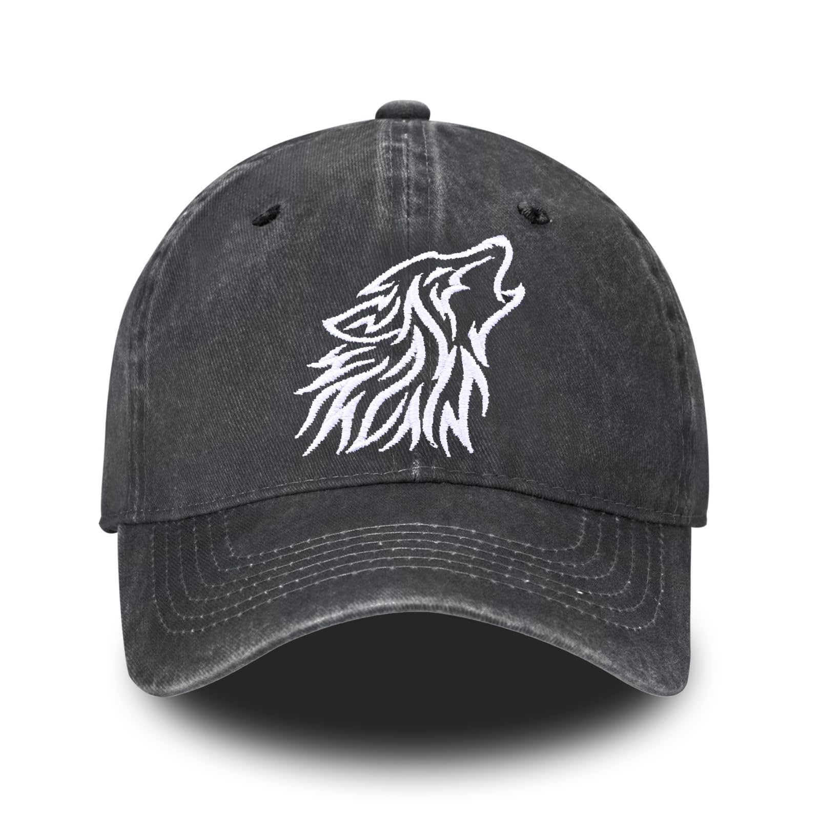 Photo 1 of Animal Tribal Wolf Embroidered Baseball Cap for Women Men Vintage Adjustable Washed Distressed Denim Baseball Hat
