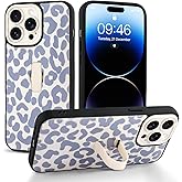 Jefonha Compatible with iPhone 14 Pro Max Case with Finger Hand Strap Kickstand, Trendy Cool Leopard Cheetah Print Phone Case for Women Men, Full Camera Protection Shockproof Protective Cover, White