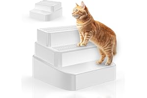 Aoktech Cat Litter Box Ramp, Adjustable Height 3-Tier Steps, with Sand Filter Feature, Washable and Easy to Clean, White Plastic Cat Ramp for Litter Box, White