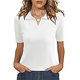 LOMON Womens Puff Short Sleeve Polo Sweater V Neck Knitted Tops Casual Ribbed Shirt Pullover Blouse