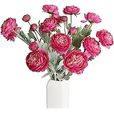 IPOPU Hot Pink Flowers Fake Peonies Artificial Ranunculus Flowers 6pcs 18Heads Hot Pink Silk Flowers 20.47" for Faux Floral Arrangements Wedding Bouquets Home Table Decor