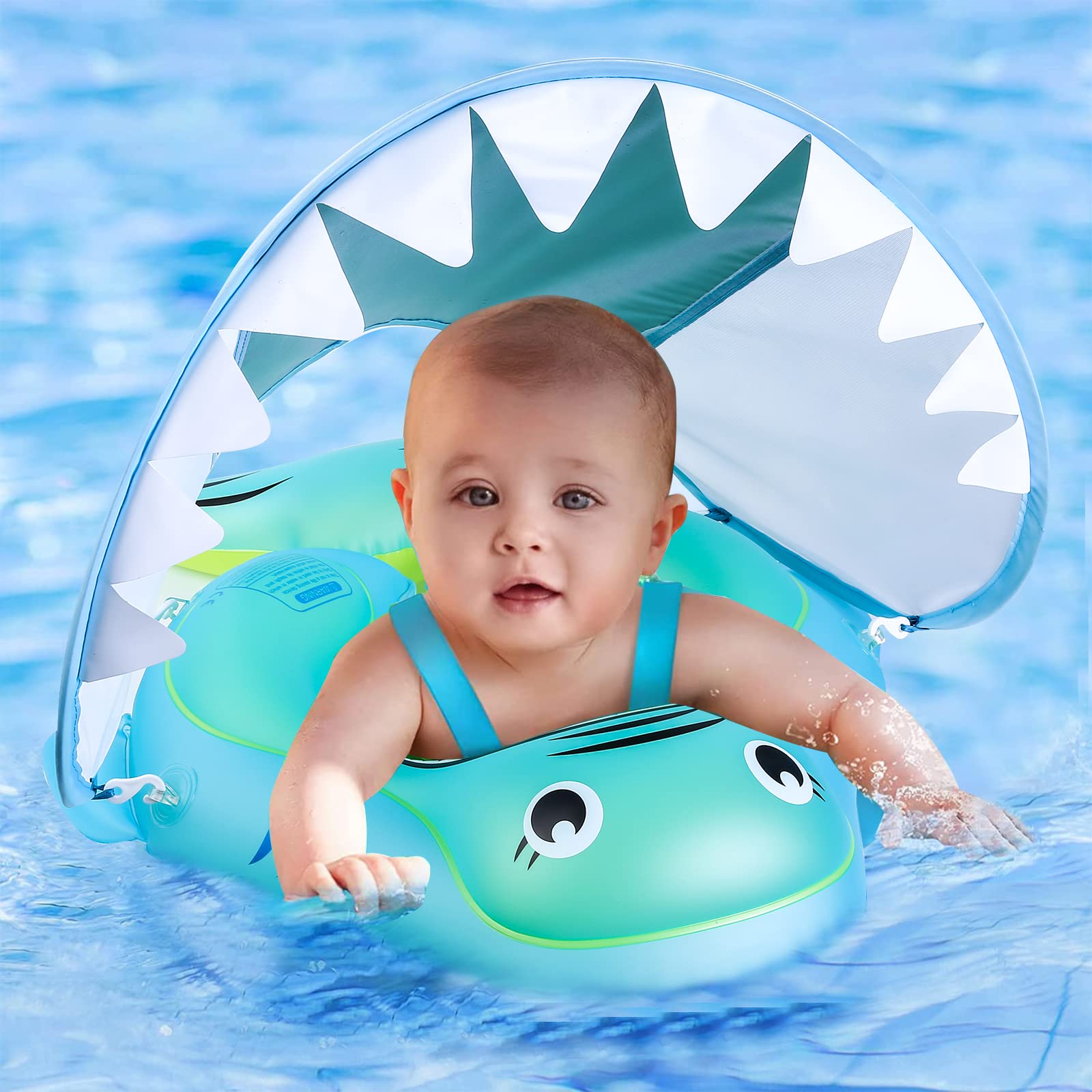 NYOBABE Baby Swimming Float for 6-36 Months,Inflatable Baby Pool Float with UPF50+ Sun Canopy & Anti-Flip Tail,Baby Swimming Ring for 6 9 12 18 24 36M Infants,Baby Float Ring With Safety Seat(S)