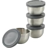 Oster Kempsville 4-Piece Stainless Steel Mini Bowls with Gray Lids &ndash; 0.75 Cup (6 oz) Capacity, 3 Inch Prep and Storage Containers, Snack and Dipping Bowls